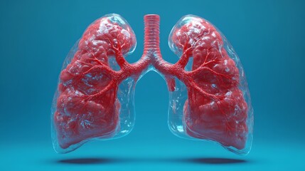 3D-rendered illustration of lungs floating in the air. The left lobe is larger than the right, and has numerous small veins running through it. It's a vibrant red color with a light blue background. 