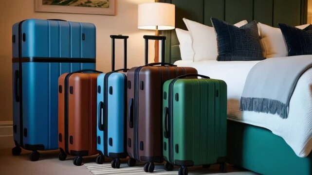 A stylish collection of colorful hard-shell suitcases in a modern hotel room, featuring blue, brown, and green colors next to a neatly made bed created with generative ai