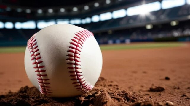 A close-up of a white baseball resting on the dirt in a well-lit stadium, capturing the essence of the game with excitement and anticipation created with generative ai
