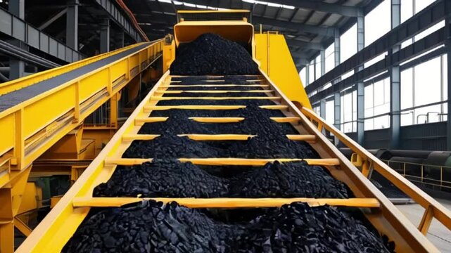 A close-up view of a coal conveying system, showcasing a bright yellow conveyor belt filled with black coal Industrial setting with high ceilings and steel beams created with generative ai