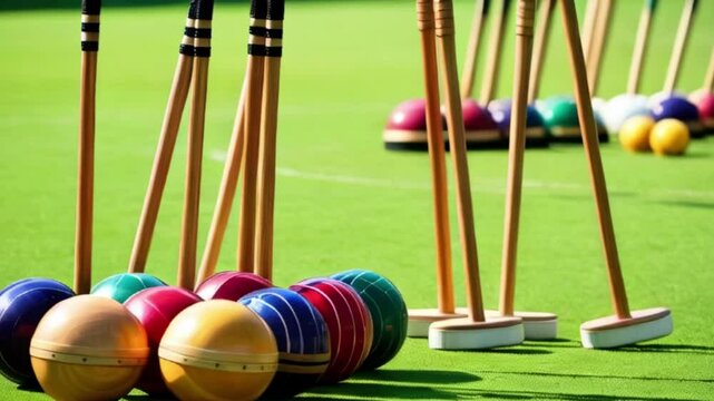 A vibrant arrangement of croquet balls and mallets on a green lawn, showcasing colorful balls in the foreground with mallets lined up elegantly created with generative ai