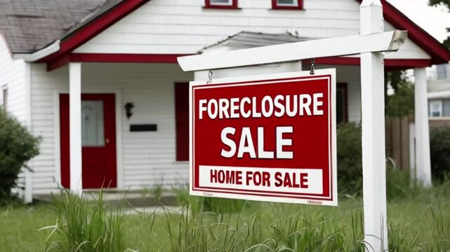 A prominent foreclosure sale sign in front of a quaint white house with red accents, reflecting the urgency of real estate opportunities in a suburban neighborhood created with generative ai