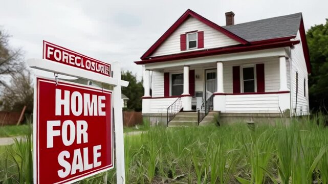 A charming white house with red accents, featuring a foreclosure sign indicating 'Home For Sale' The surrounding area is overgrown with grass, reflecting a quiet mood created with generative ai