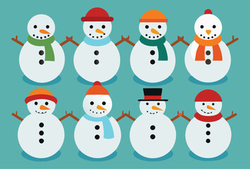 Collection of Cute Cartoon Snowmen with Various Hats and Scarves - Winter Vector Illustration