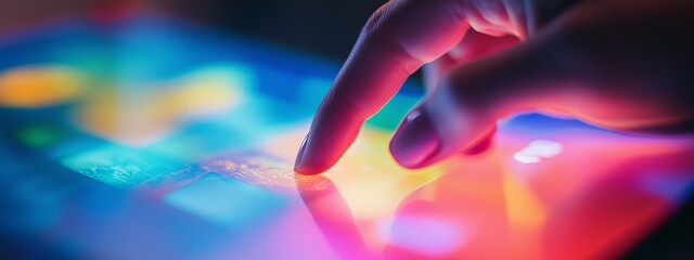 A close-up of a hand using a colorful touch screen interface, emphasizing the vibrant colors and sleek design.