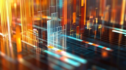 Naklejka premium A 3D chart with multiple layers of transparent bars rising from a grid, illustrating complex data trends in a visually striking manner.