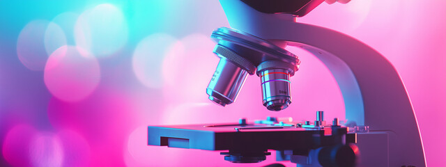 A close-up of a microscope in a vibrant, colorful laboratory setting with pink and blue lighting creating a modern and futuristic atmosphere.