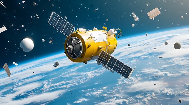 Robotic space junk collection service managing orbital cleanup operations, using autonomous robots to safely remove debris from Earth&rsquo;s orbit, ensuring safer space travel, 
