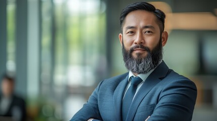 Fototapeta premium Confident Thai Corporate Executive with Bearded Features, Arms Crossed, Formal Portrait in Gray Office Setting