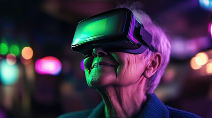 A senior woman wearing a VR headset and looking up with a smile, while the background is blurred lights.