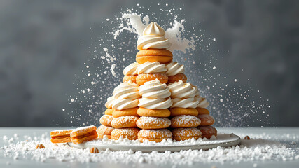 Pyramid Cake with a height of 1 meter with cream puffs and nougatine to combine spectacular splashes of icing sugar. creative dynamic composition varies angle. macro food photography, taken by an expe