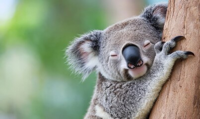Naklejka premium Koala Resting Peacefully on a Tree Trunk During a Sunny Day in Australia’s Lush Forests