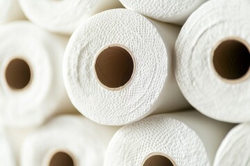 Close-up view of a neatly arranged stack of white toilet paper rolls in a domestic setting
