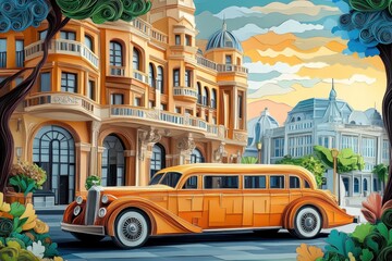 Obraz premium Intricate Quilling Paper Limousine Parked in Front of Grand Hotel for Exclusive Luxury City Transportation Concept