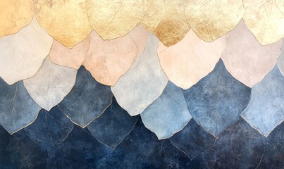 Abstract Wall Art Featuring Layered Leaves in Soft Pastels and Gold Tones in a Tranquil Setting