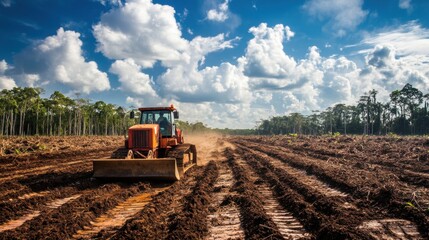 Fototapeta premium Forest clearing for agriculture revealing the extensive deforestation process with machinery and barren land, emphasizing environmental impact and habitat destruction
