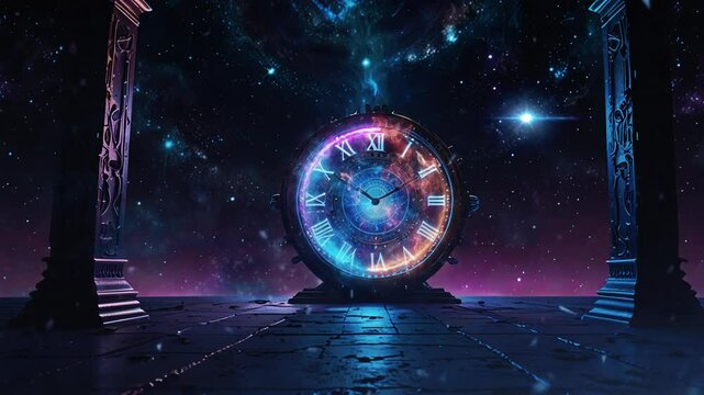 Giant clock portal in space, smooth looping video 4K