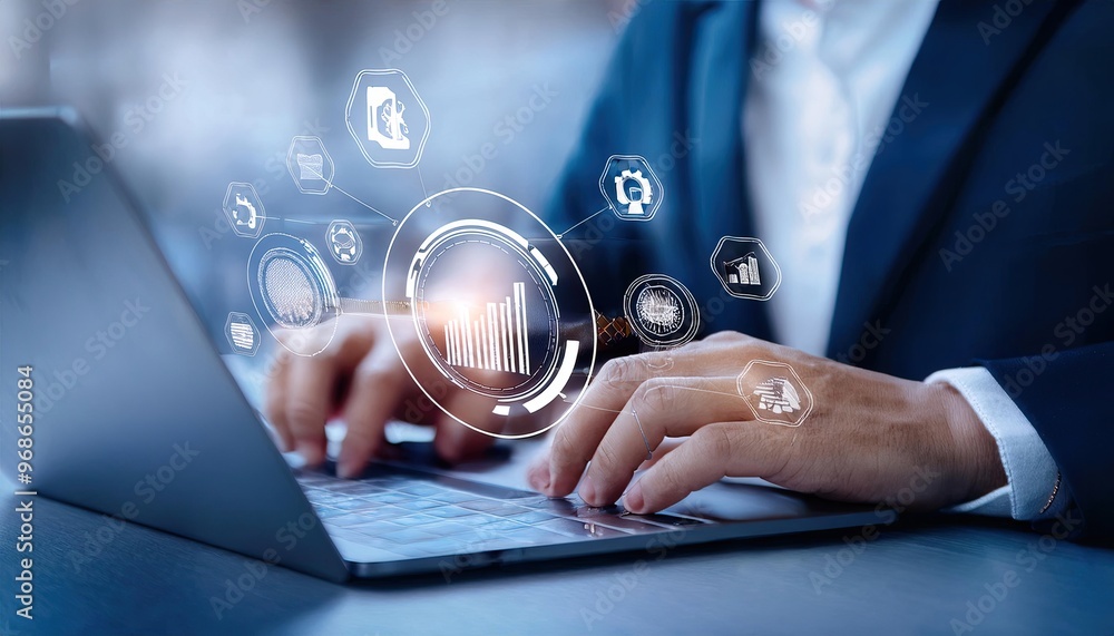 Poster businessmen utilize laptops with productivity icons to run their industries in an effective and effi