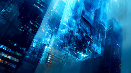 blue square shines in an urban setting, reflecting off the glass windows of nearby skyscrapers, with a sense of mystery in the air