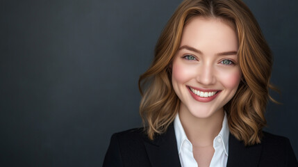 Model looking smiling businesswoman wearing suit with copy space background