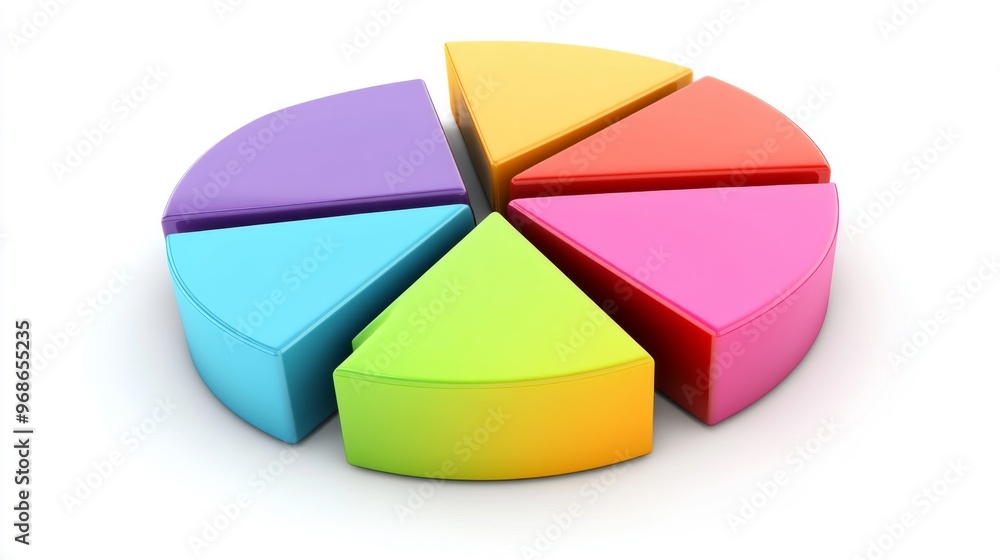 Leinwandbilder A dynamic 3D pie chart with segments in various bright colors, each section floating slightly above a white surface, symbolizing data analysis and statistics.