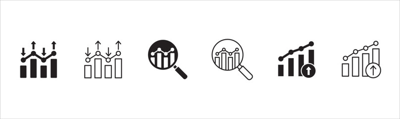 Business data and statistic icon set. Contains icon related to analytic, monitoring, market, stock, setting, chart, graphic, growth, setting. Vector illustration in thin line flat design