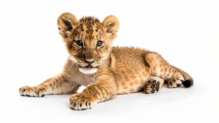 Obraz premium Adorable Lion Cub Resting on a Clean White Background During an Indoor Photoshoot