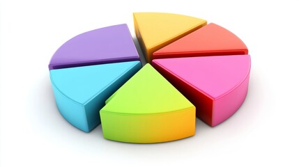 Obraz premium A dynamic 3D pie chart with segments in various bright colors, each section floating slightly above a white surface, symbolizing data analysis and statistics.