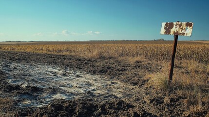 Depiction of abandoned farmland with degraded soil and erosion signs highlighting environmental damage and soil loss