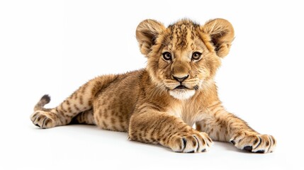Obraz premium A Playful Lion Cub Lounging Comfortably on a Clean White Background, Showcasing Its Playful Demeanor