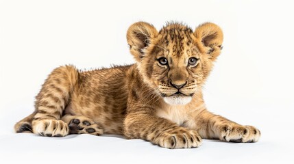 Fototapeta premium A Playful Lion Cub Lying on a White Background in a Studio Setting During Daylight Hours