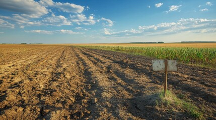 Depiction of abandoned farmland with degraded soil and erosion signs highlighting environmental damage and soil loss