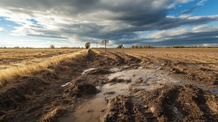 Obraz premium Depiction of abandoned farmland with degraded soil and erosion signs highlighting environmental damage and soil loss