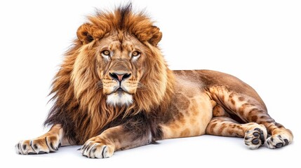 Fototapeta premium Majestic Lion Lounging Gracefully Under Bright Studio Lighting During a Photography Session