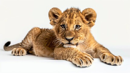 Obraz premium A Young Lion Cub Rests Calmly on a Light Background, Showcasing Its Playful and Curious Nature