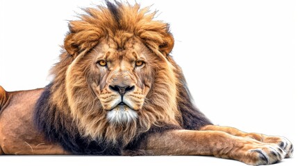 Obraz premium Majestic Lion Resting Calmly on a White Background Showcasing Its Impressive Mane and Features