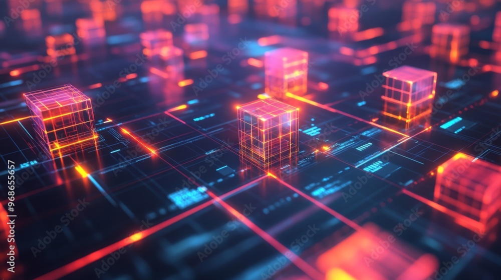 Aufkleber a futuristic 3d heatmap with glowing cubes representing data intensity, displayed over a grid surfac