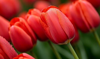 Vibrant Red Tulips Glistening With Dew in a Garden on a Sunny Spring Morning