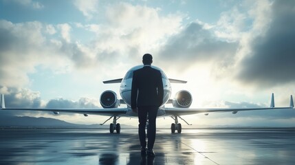 A person walks towards a private jet on a runway, illuminated by sunlight and clouds.