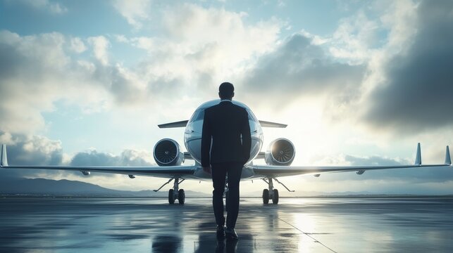 A person walks towards a private jet on a runway, illuminated by sunlight and clouds.