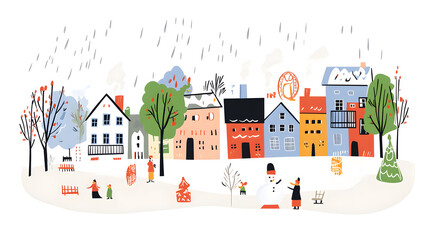Winter outdoor activities childlike doodle art style.  Drawing looks like it was made by a child. The artwork simple, colorful shapes and lines