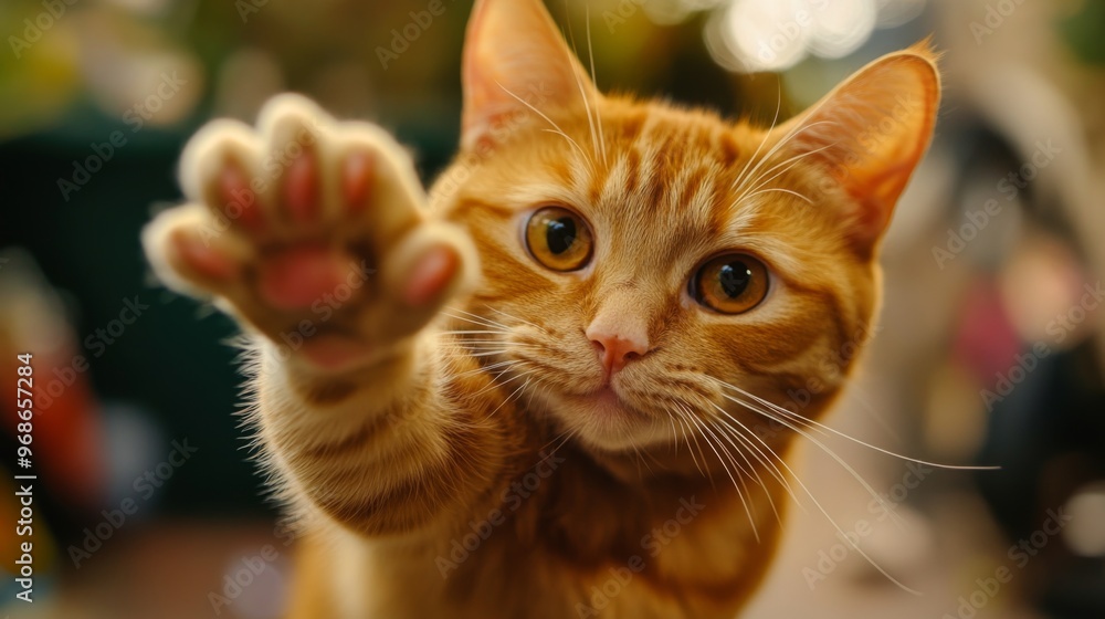 Poster a playful close-up of a fat orange cat reaching out with its paw, looking like it's ready to swat at