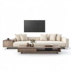 A modern living room setup featuring a sofa, coffee table, and wall-mounted TV.