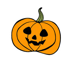 Jack-o'-lantern pumpkin. Black outline drawing. Orange fill, green shoot. A classic image. Cut out triangular eyes and nose. A smile with sharp corners. Isolated on white background. Halloween symbol.