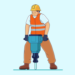 A Male Construction Worker Is Using A Demolition Hammer