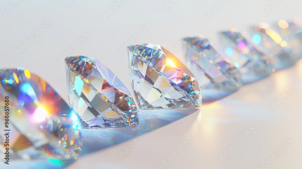 Poster a row of shimmering diamonds lined up neatly on a pure white background, their facets catching and r
