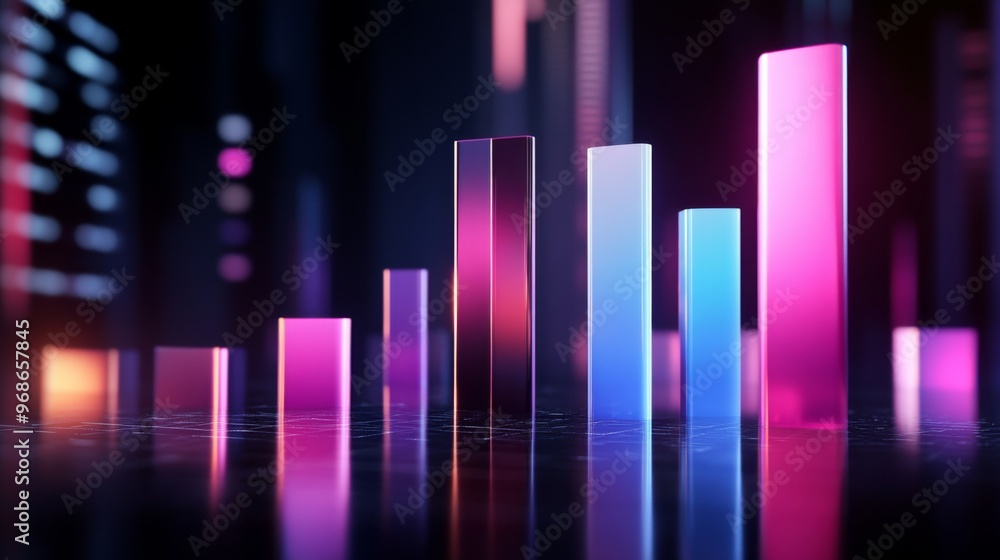Poster A sleek 3D bar graph with glossy columns of different heights, set against a dark background, emphasizing data visualization in finance and business