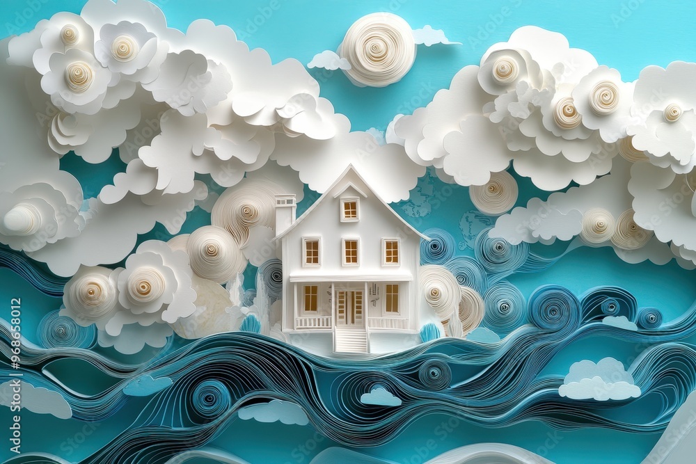 Poster intricate paper cut design of quilling smart home automation with connected devices and swirling sig