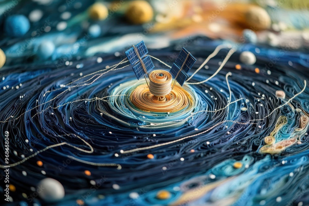 Poster intricate quilled paper filigree satellite orbiting earth with data lines - global communication net