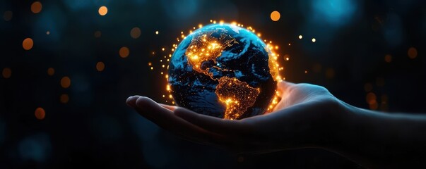 Hands from around the world holding a glowing Earth with sustainable tech symbols, representing global eco-innovation, global sustainability, green solutions